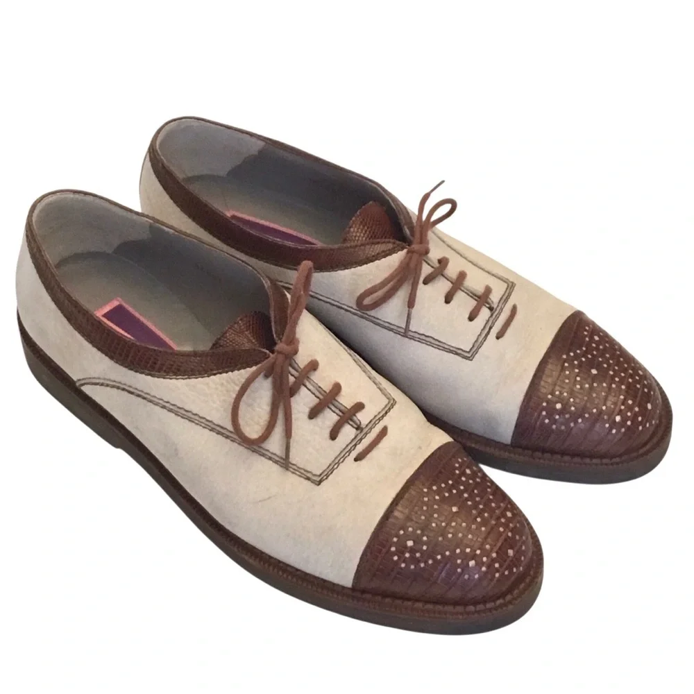 Vtg Susan Bennis Warren Edwards Leather Oxford Sz 10 Off White/Brown Cap Toe